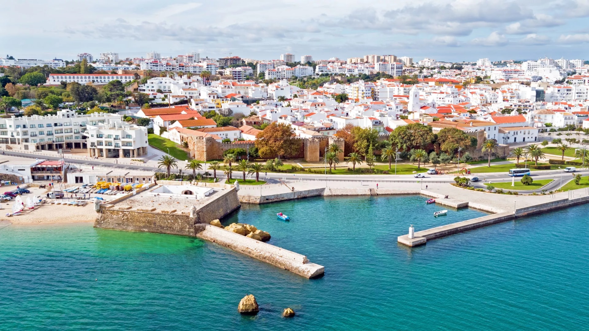 Aerial from the city Lagos with the Forte da Bandeira in Portuga