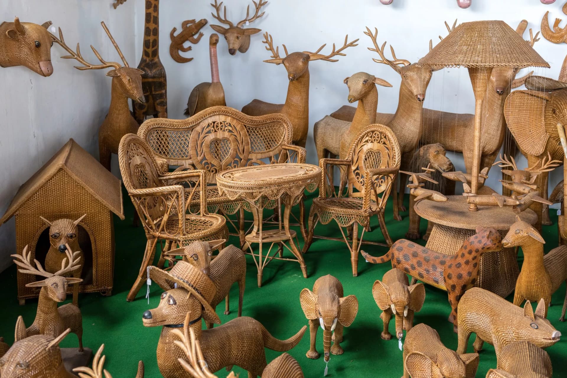 Wicker productss on sale in a factory shop in Camacha on Madeira Island. Portugal