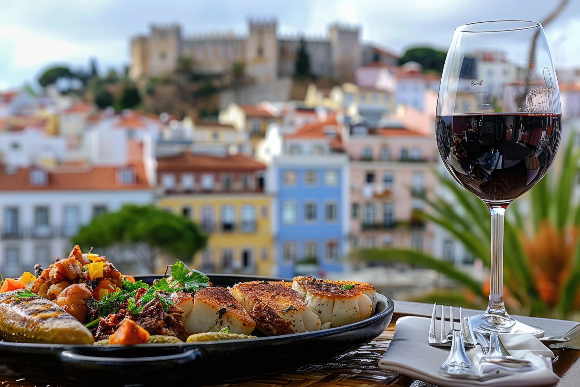 Lisbon's Essence: Savor a Flavorful of tipical food and wine at a Quaint Bistro, with the Historic São Jorge Castle Overlooking the Scenic Experience.