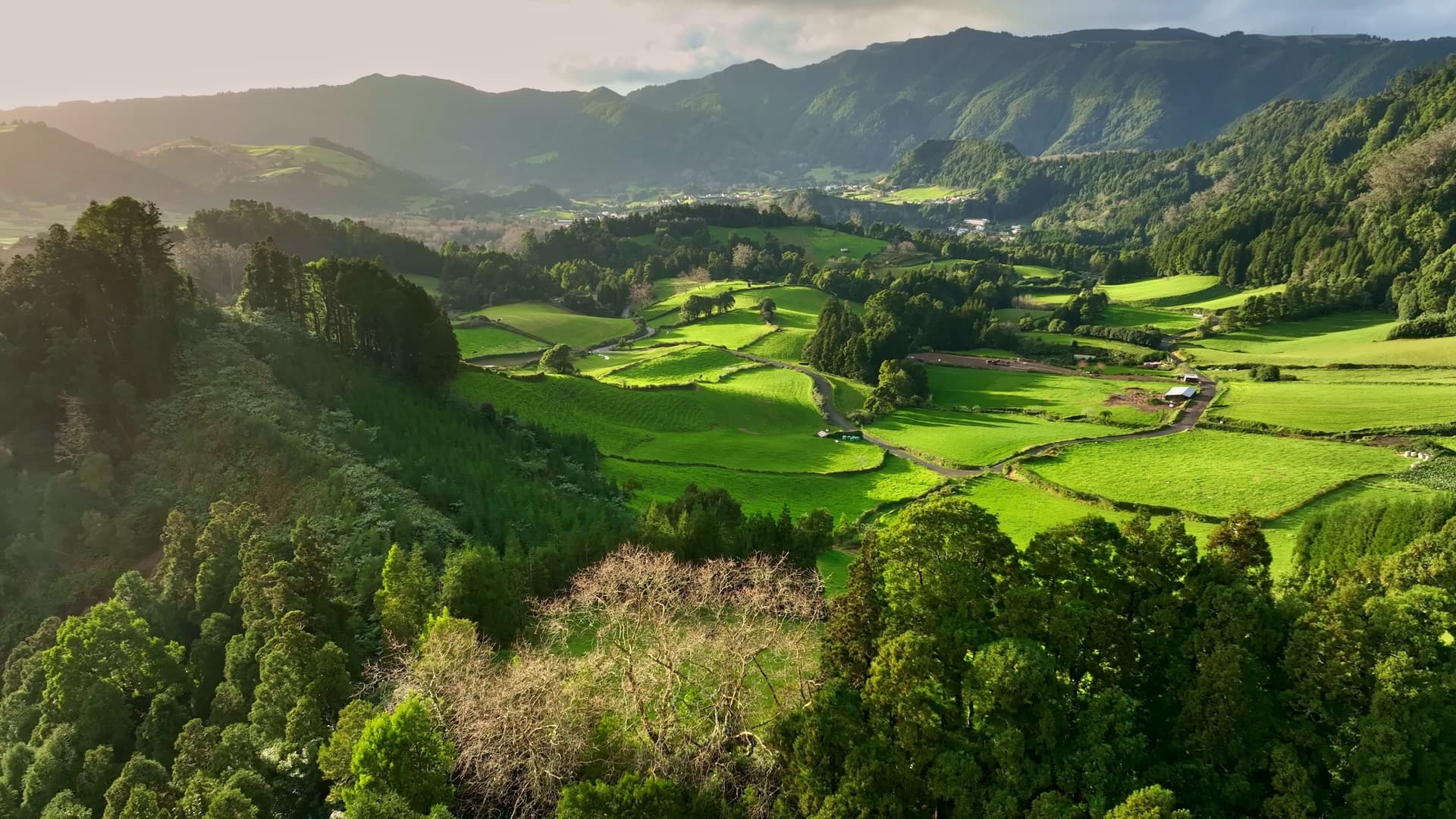 Lush green rolling hills and valleys with scattered trees and small village nestled among mountains.