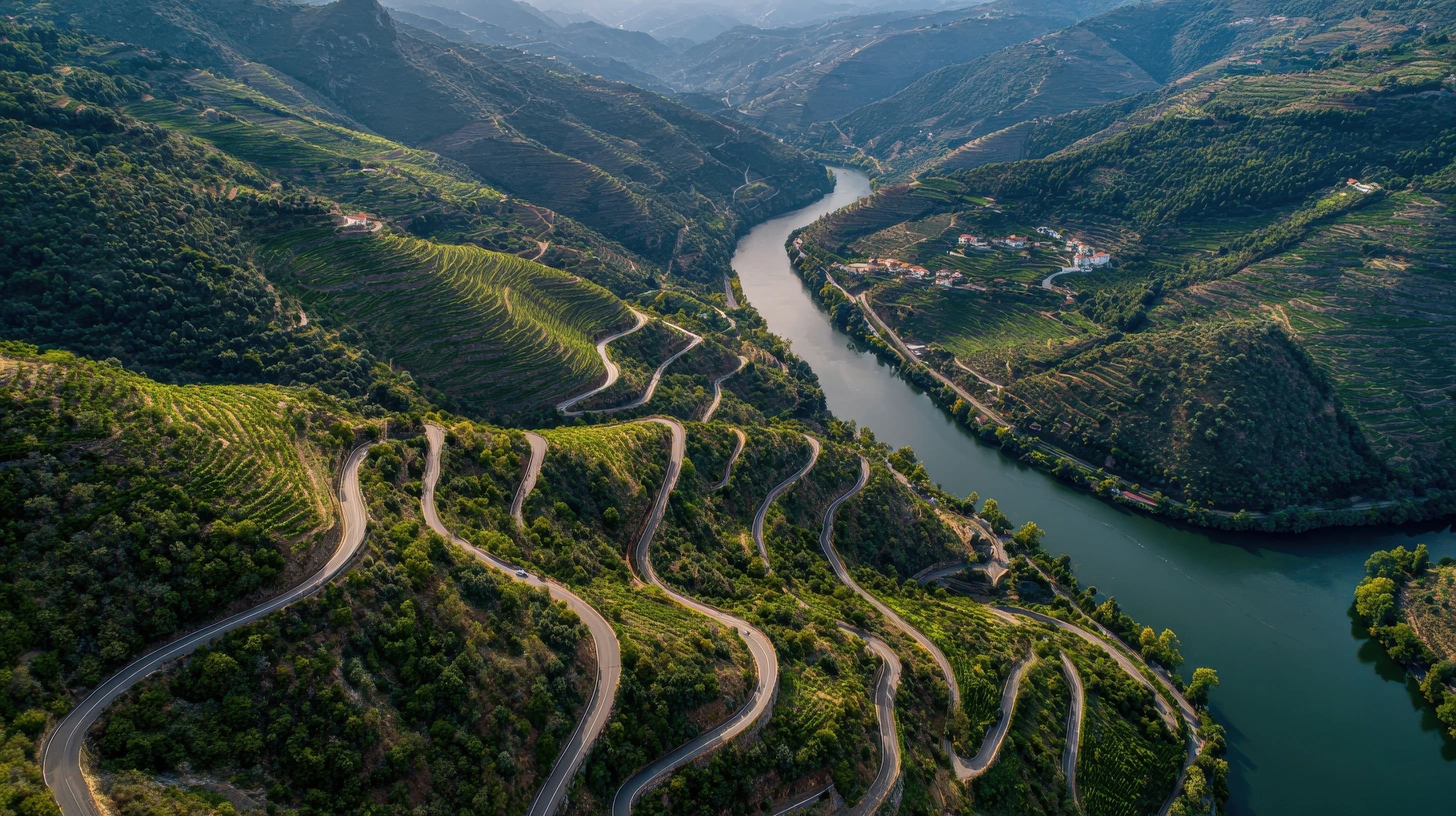 A stunning aerial view of the winding roads and terraced vineyards of the Douro Valley in Portugal, with the river meandering through the lush landscape, Douro Valley scene