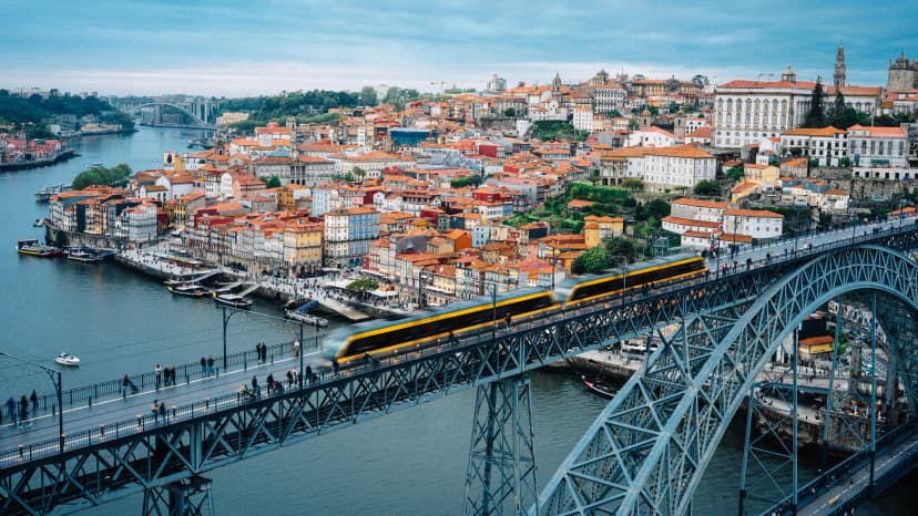 Aerial View of Porto with Dom Luís I Bridge and Historic Old Town
