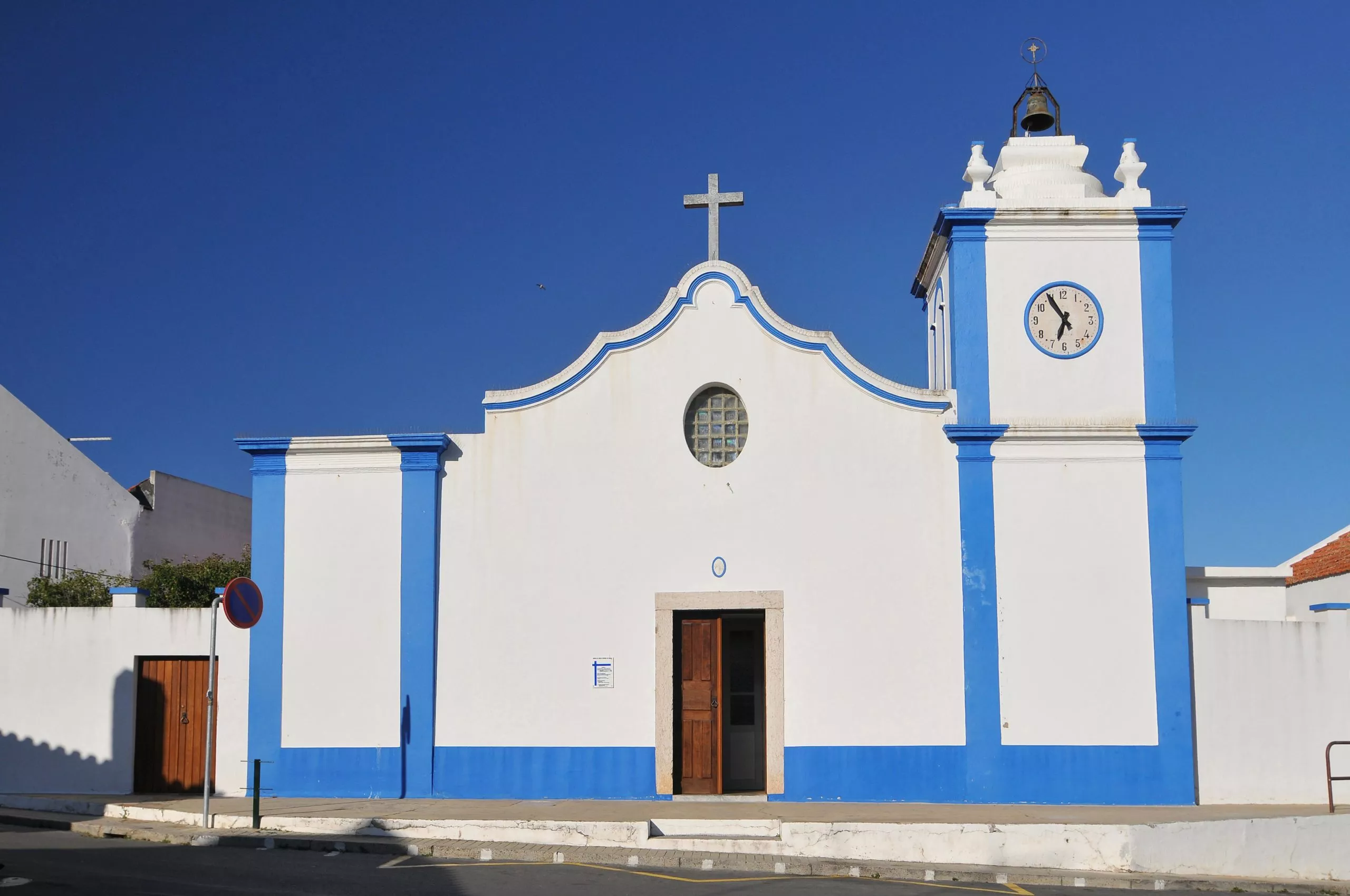 A typical Portuguese church in the village of Vila Nova de Milfontes Odemira Alentejo region Portugal.
