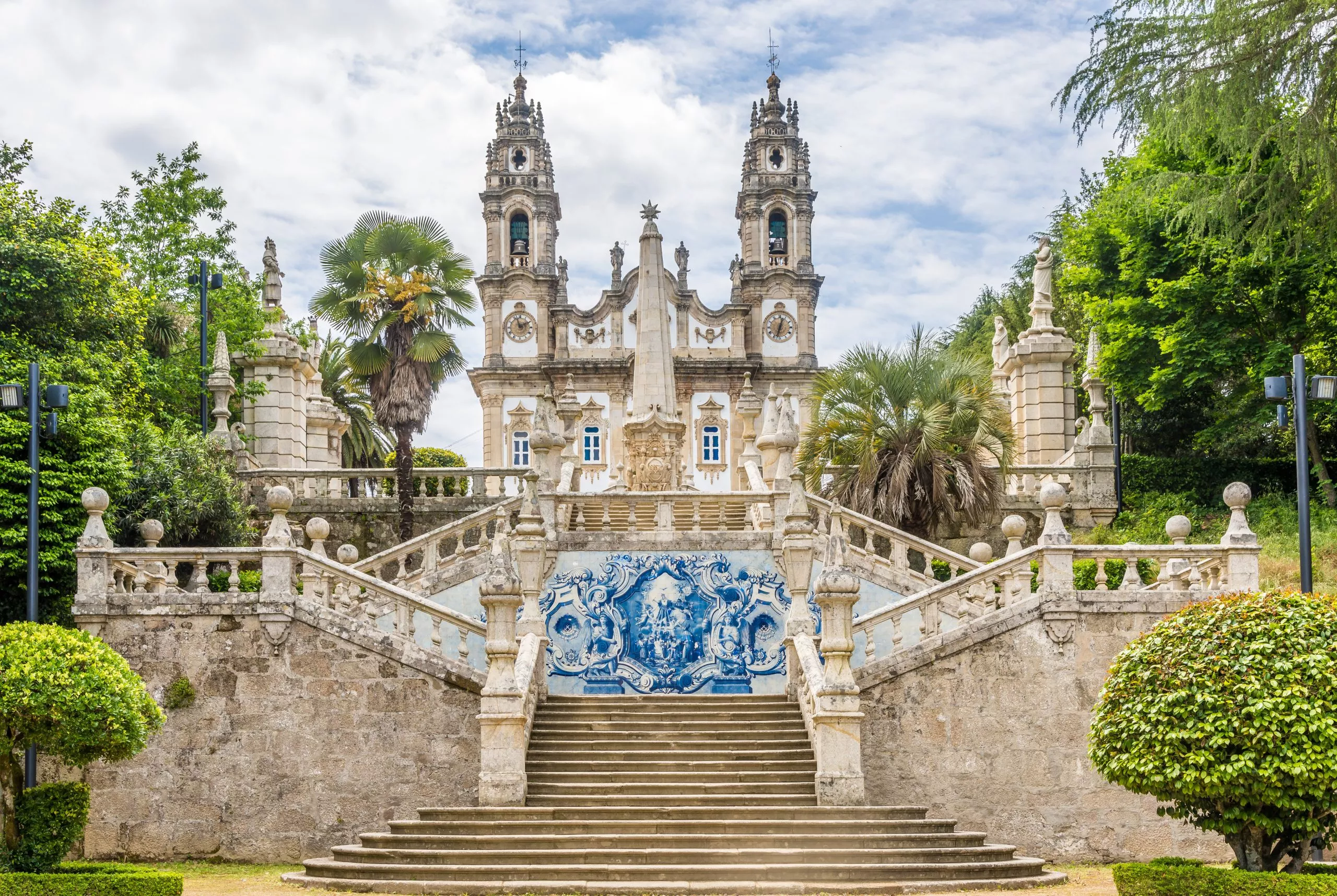 Azulejo decorated stairway to the Sanctuary of Our Lady of Remedios in Lamego ,Portugal