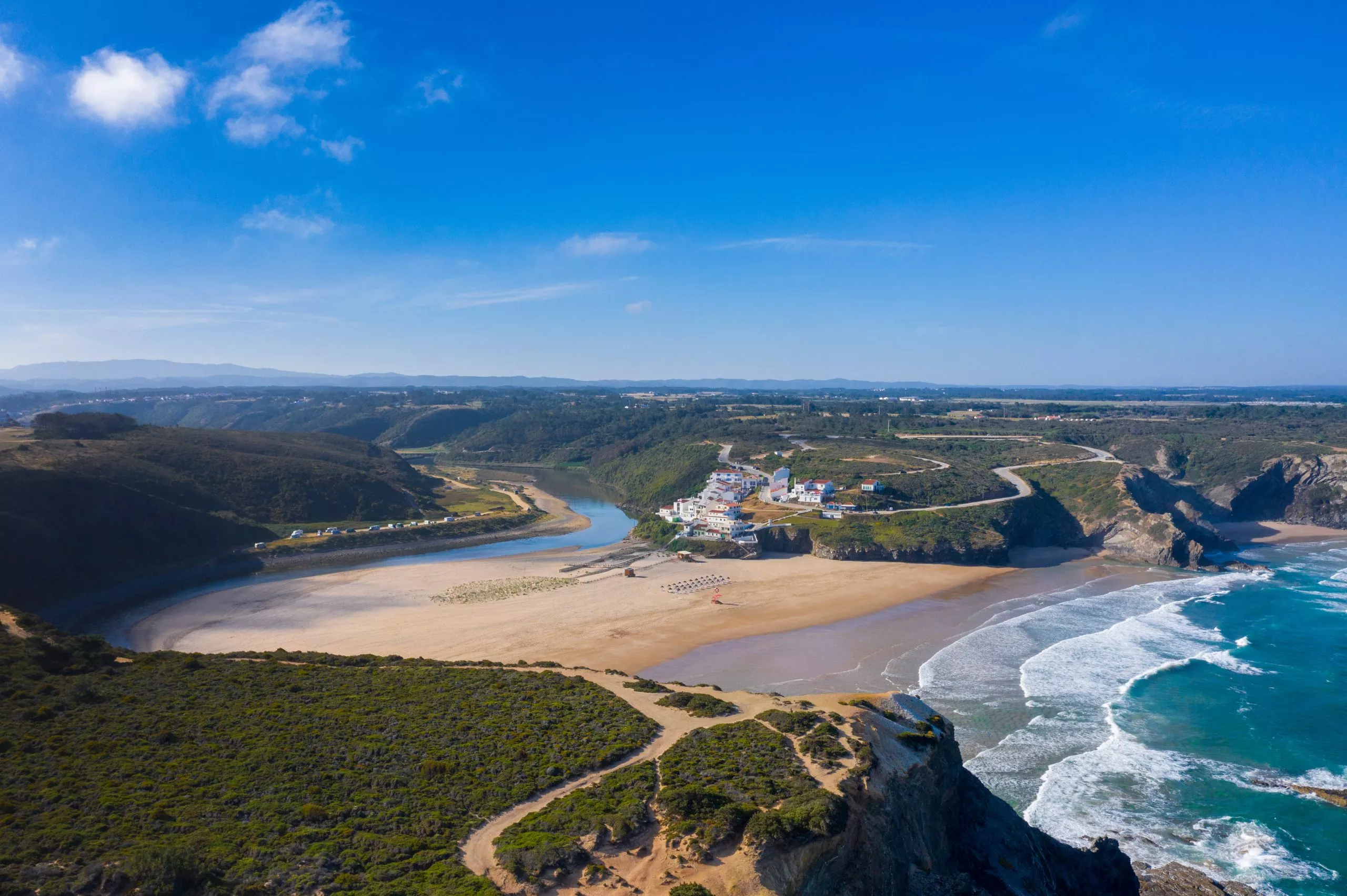 Odeceixe beach and river separates Alentejo from the Algarve. Natural Park of Southwest Alentejo and Costa Vicentina. Travel holidays in Aljezur, Portugal.